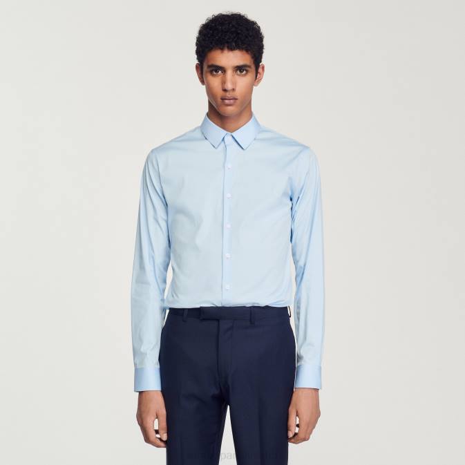 Sandro Paris miehet istuva joustava puuvillapaita VLHP613 vaatteet taivaansininen