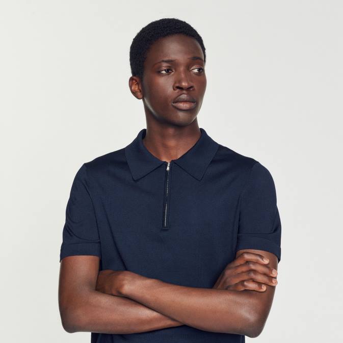 Sandro Paris miehet neulottu poolopaita, jossa vetoketjullinen kaulus VLHP628 vaatteet laivastonsininen