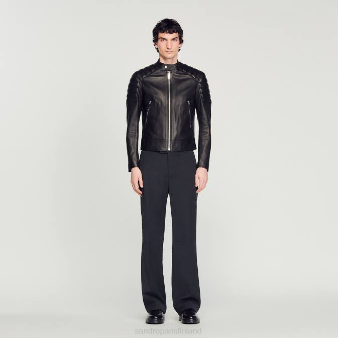 Sandro Paris miehet nahkatakki tikatulla reunuksella VLHP637 vaatteet musta