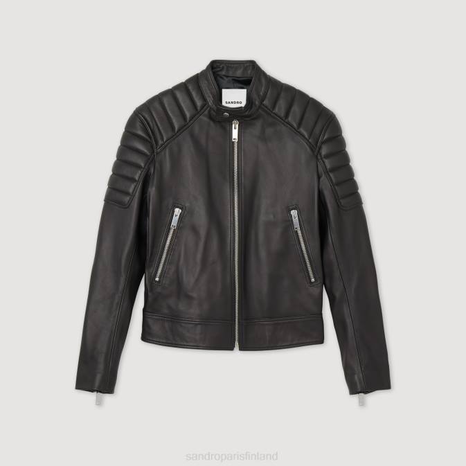Sandro Paris miehet nahkatakki tikatulla reunuksella VLHP637 vaatteet musta