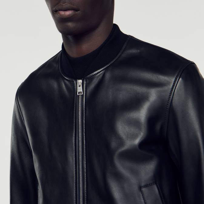 Sandro Paris miehet sileä nahkainen yliopistotakki VLHP664 vaatteet musta