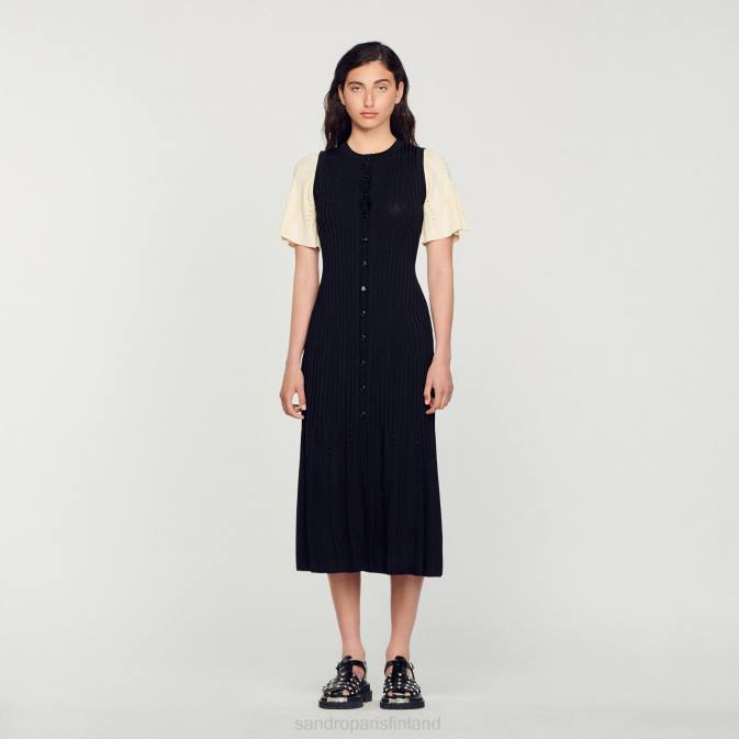 Sandro Paris naiset kaksisävyinen midi-neulemekko VLHP6 vaatteet musta