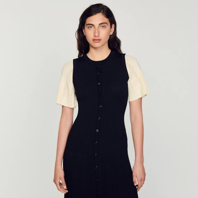 Sandro Paris naiset kaksisävyinen midi-neulemekko VLHP6 vaatteet musta