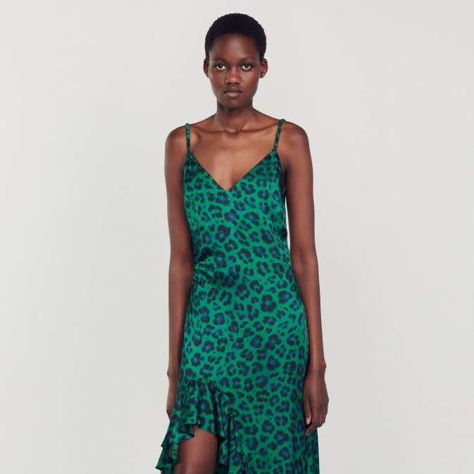 Sandro Paris naiset leopardikuvioinen halkiomekko VLHP22 vaatteet vihreä