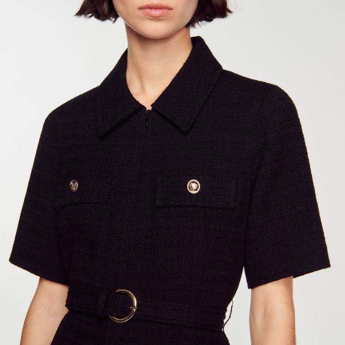 Sandro Paris naiset lyhythihainen mekko kahdesta materiaalista VLHP157 vaatteet musta