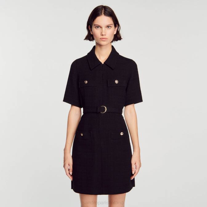 Sandro Paris naiset lyhythihainen mekko kahdesta materiaalista VLHP157 vaatteet musta