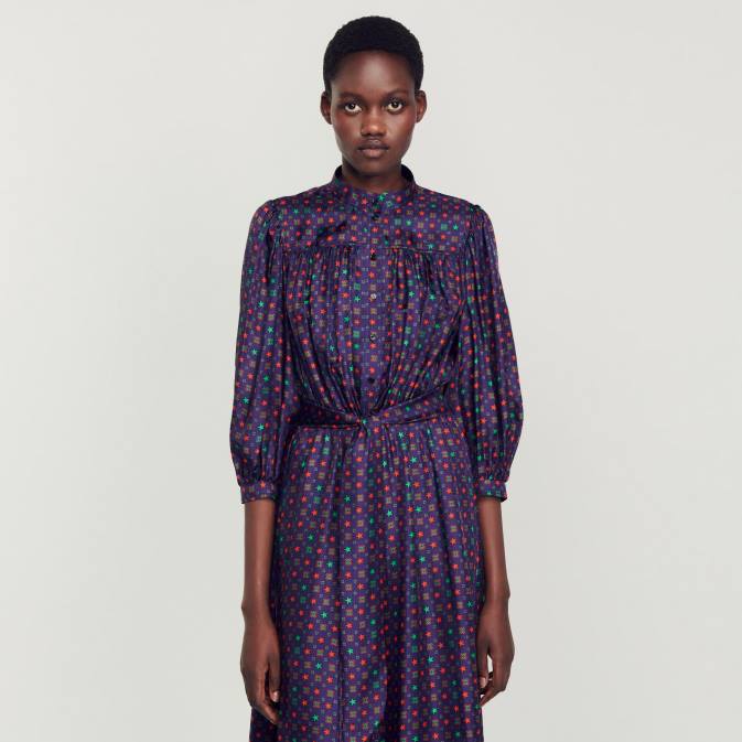 Sandro Paris naiset painettu midi-mekko VLHP20 vaatteet Sininen punainen