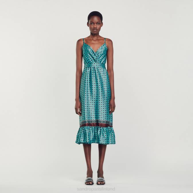 Sandro Paris naiset painettu satiininen midi-mekko VLHP74 vaatteet turkoosi/ruskea