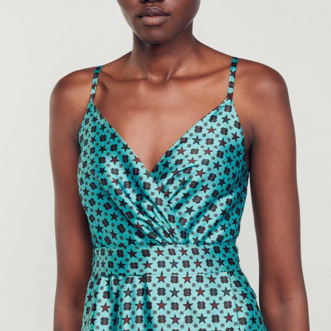 Sandro Paris naiset painettu satiininen midi-mekko VLHP74 vaatteet turkoosi/ruskea