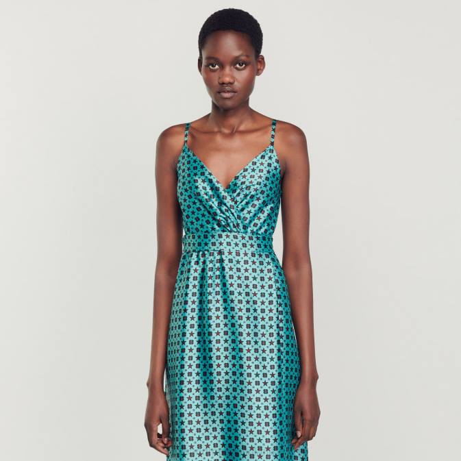 Sandro Paris naiset painettu satiininen midi-mekko VLHP74 vaatteet turkoosi/ruskea