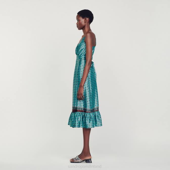 Sandro Paris naiset painettu satiininen midi-mekko VLHP74 vaatteet turkoosi/ruskea