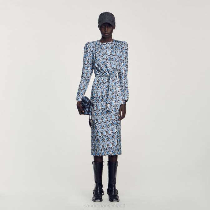 Sandro Paris naiset pitkä draped silkkimekko VLHP51 vaatteet sininen/beige