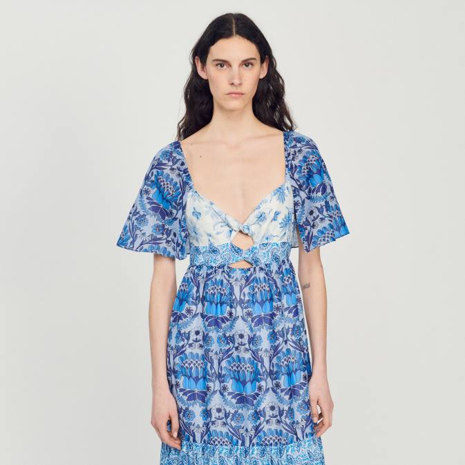 Sandro Paris naiset pitkä huivikuvioinen mekko VLHP454 vaatteet sininen