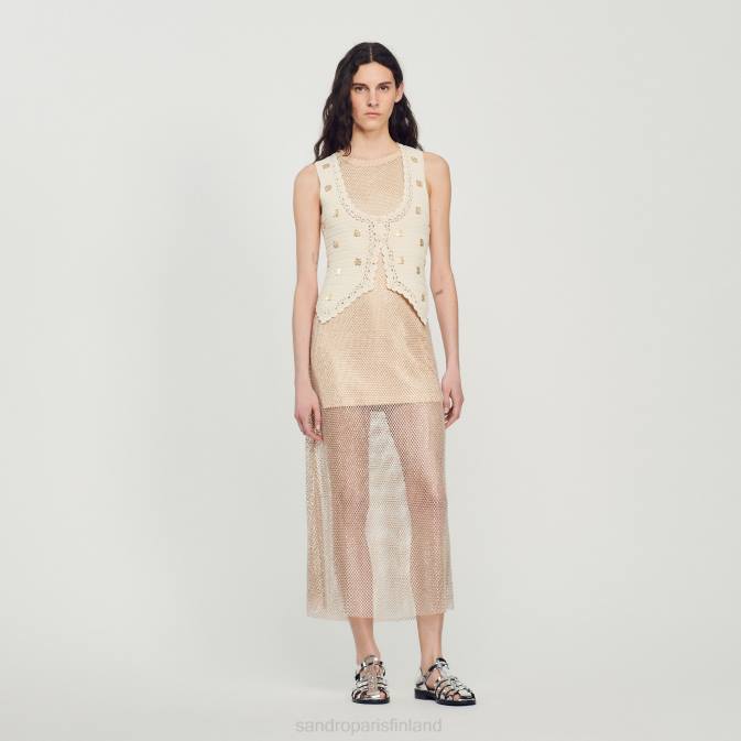 Sandro Paris naiset pitkä kiiltävä verkkomekko VLHP164 vaatteet kulta