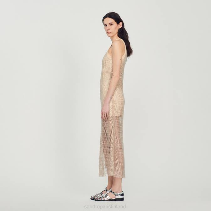 Sandro Paris naiset pitkä kiiltävä verkkomekko VLHP164 vaatteet kulta