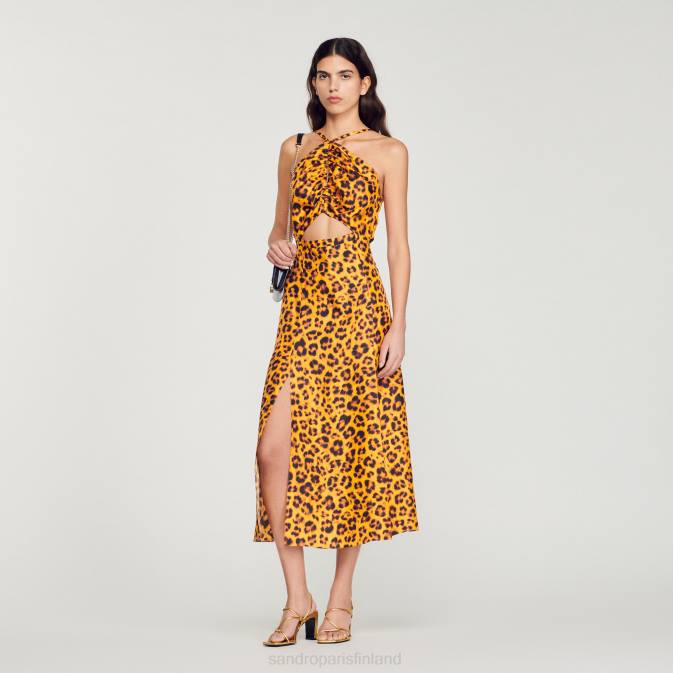 Sandro Paris naiset pitkä leopardikuvioinen mekko VLHP309 vaatteet oranssi/musta