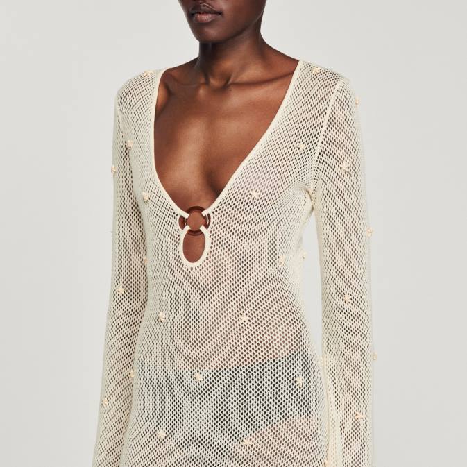 Sandro Paris naiset pitkä verkkopaljettimekko VLHP122 vaatteet ekru