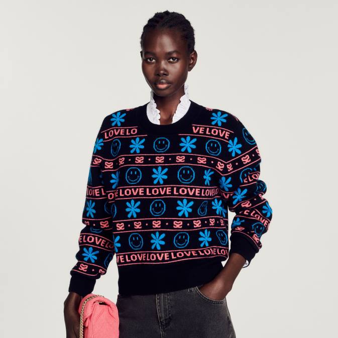 Sandro Paris naiset hymiö jacquard-pusero VLHP287 vaatteet musta