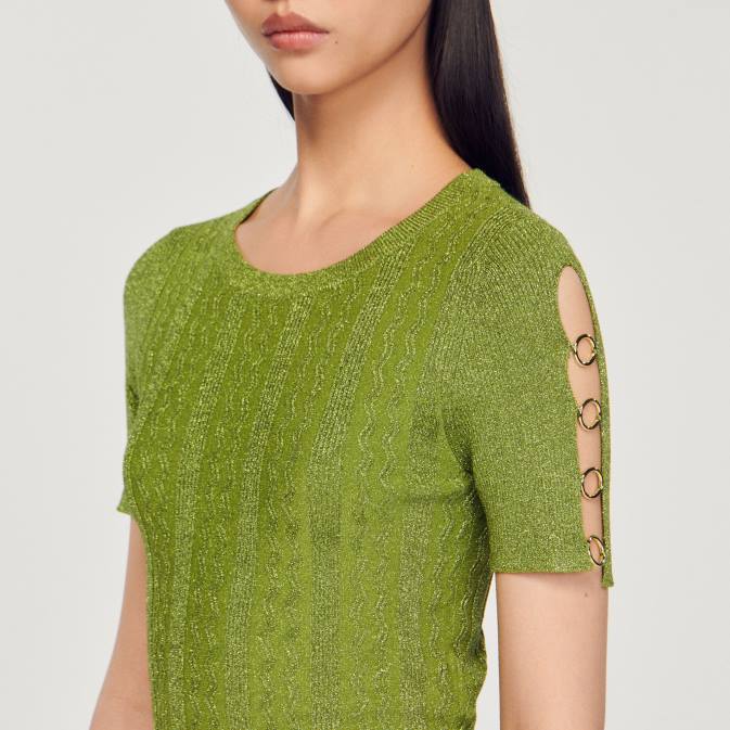 Sandro Paris naiset lyhennetty metallinen neulepusero VLHP92 vaatteet kevyt kaki