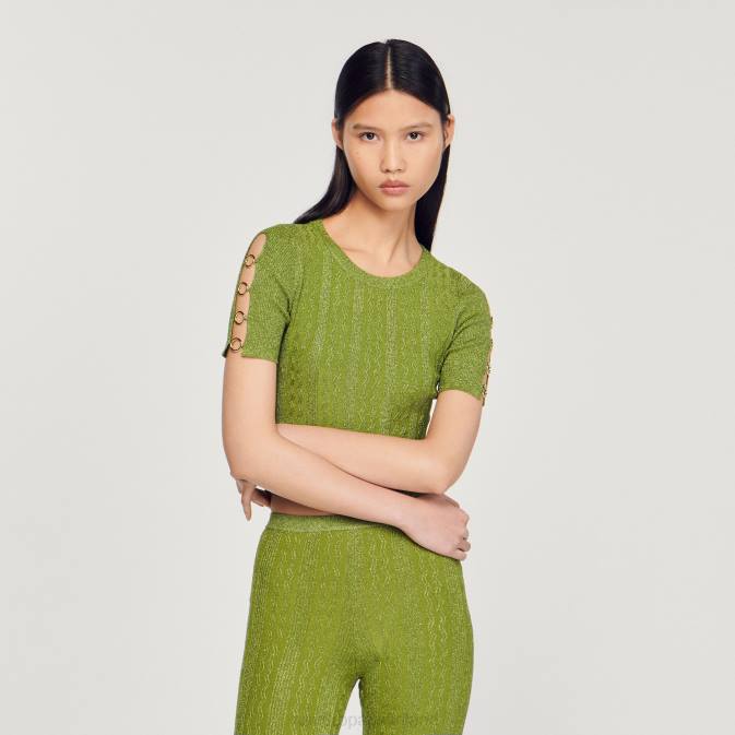 Sandro Paris naiset lyhennetty metallinen neulepusero VLHP92 vaatteet kevyt kaki