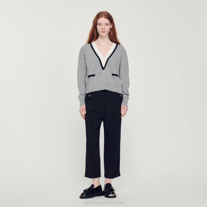 Sandro Paris naiset neule, jossa kontrastivärinen syvä v-pääntie VLHP86 vaatteet pilkattu harmaa