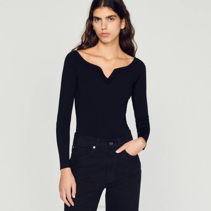 Sandro Paris naiset neulottu body, jossa kultapääntie VLHP323 vaatteet musta