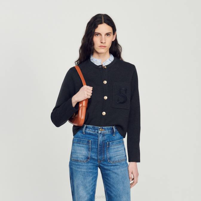 Sandro Paris naiset neulottu neuletakki, jossa kirjailtu tasku VLHP119 vaatteet hiilen harmaa