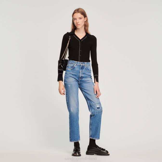 Sandro Paris naiset päällysommeltu hieno neuletakki VLHP214 vaatteet musta