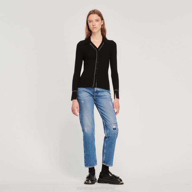 Sandro Paris naiset päällysommeltu hieno neuletakki VLHP214 vaatteet musta