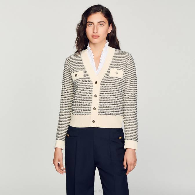 Sandro Paris naiset raidallinen neuletakki VLHP146 vaatteet ekru