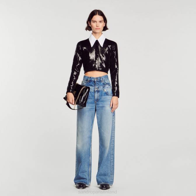 Sandro Paris naiset rajattu paljeteinen neuletakki VLHP48 vaatteet musta