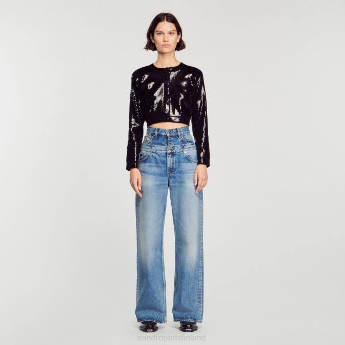 Sandro Paris naiset rajattu paljeteinen neuletakki VLHP48 vaatteet musta