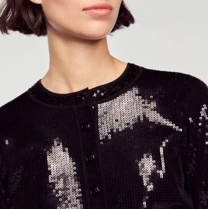 Sandro Paris naiset rajattu paljeteinen neuletakki VLHP48 vaatteet musta