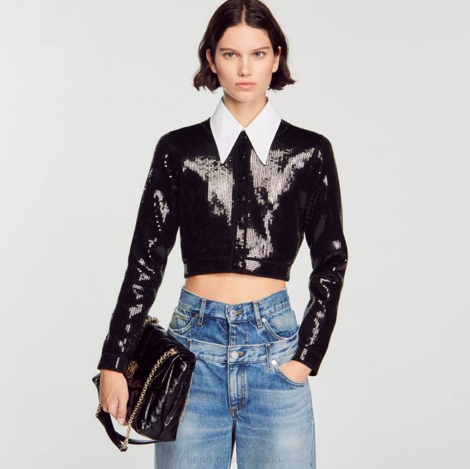 Sandro Paris naiset rajattu paljeteinen neuletakki VLHP48 vaatteet musta