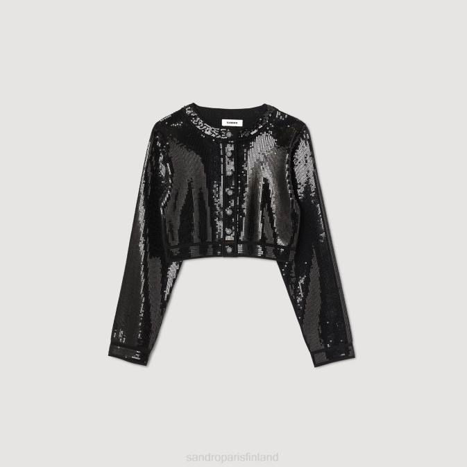 Sandro Paris naiset rajattu paljeteinen neuletakki VLHP48 vaatteet musta