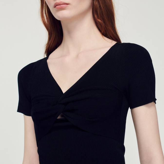 Sandro Paris naiset sidottu leikattu villapaita VLHP313 vaatteet musta