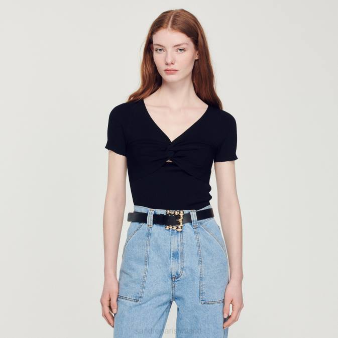 Sandro Paris naiset sidottu leikattu villapaita VLHP313 vaatteet musta