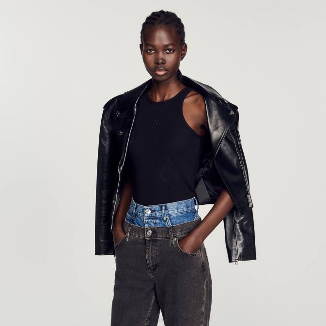 Sandro Paris naiset kaksinkertainen logollinen toppi VLHP256 vaatteet musta