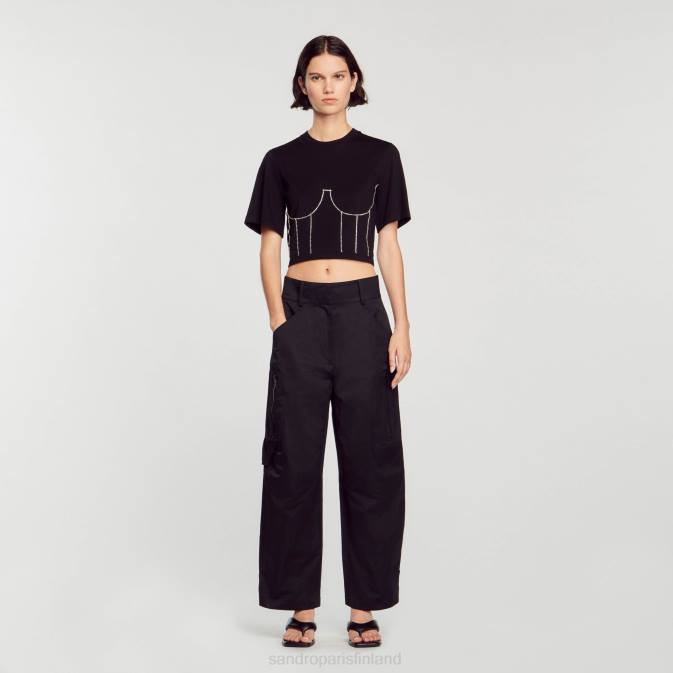 Sandro Paris naiset t-paita strassikivellä rintakuvalla VLHP30 vaatteet musta