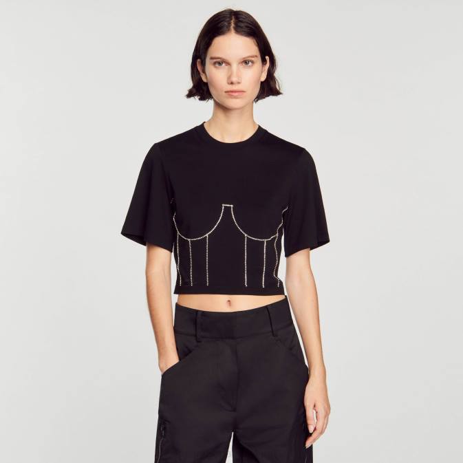 Sandro Paris naiset t-paita strassikivellä rintakuvalla VLHP30 vaatteet musta