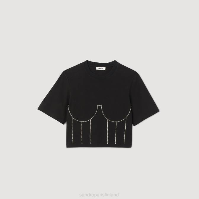 Sandro Paris naiset t-paita strassikivellä rintakuvalla VLHP30 vaatteet musta