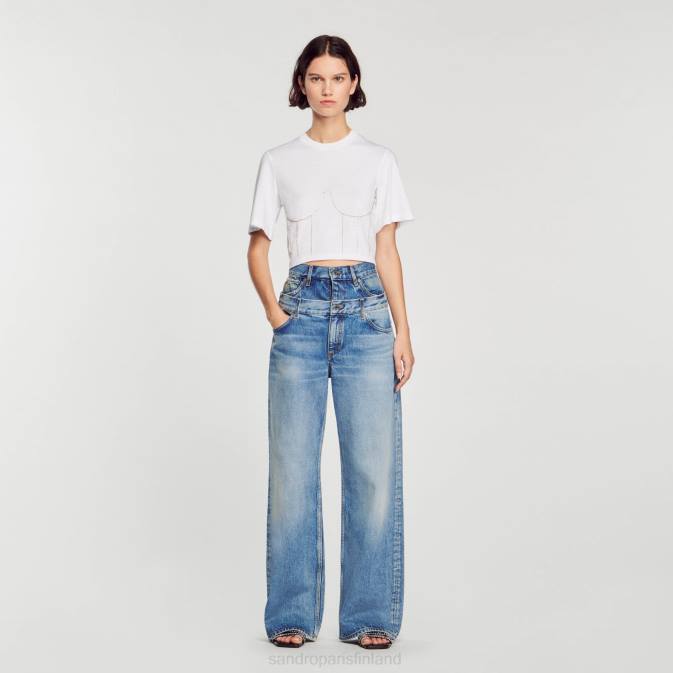 Sandro Paris naiset t-paita strassikivellä rintakuvalla VLHP39 vaatteet valkoinen