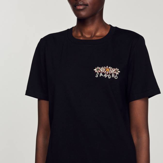 Sandro Paris naiset tekojalokivi t-paita VLHP237 vaatteet musta