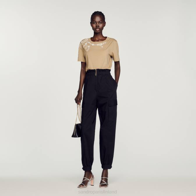 Sandro Paris naiset tekojalokivillä koristeltu t-paita VLHP151 vaatteet oliivinvihreä