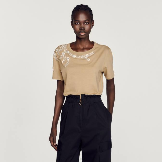 Sandro Paris naiset tekojalokivillä koristeltu t-paita VLHP151 vaatteet oliivinvihreä