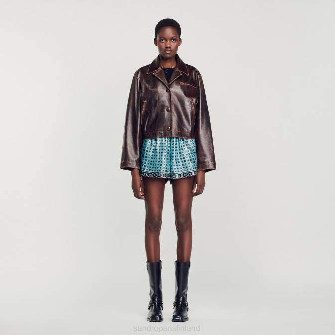 Sandro Paris naiset ahdistunut nahkatakki VLHP129 vaatteet mustanruskea