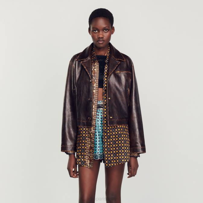 Sandro Paris naiset ahdistunut nahkatakki VLHP129 vaatteet mustanruskea