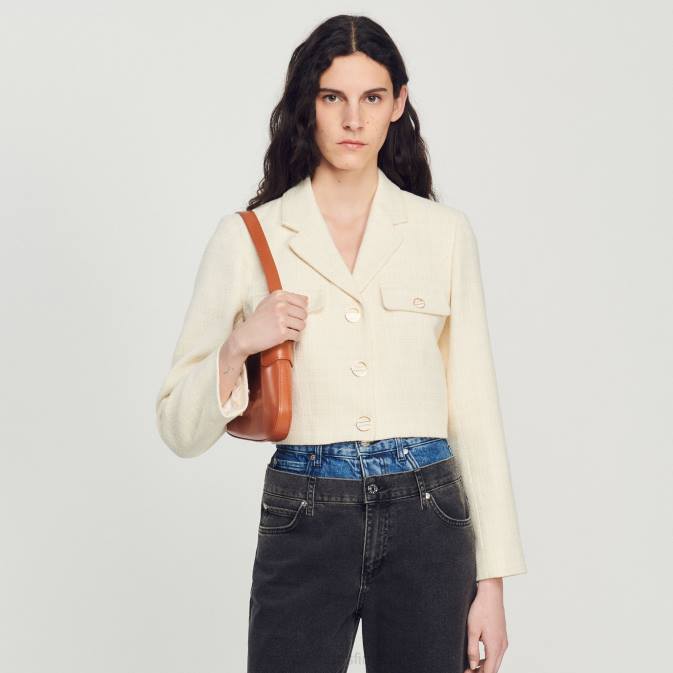 Sandro Paris naiset lyhennetty tweed-nappitakki VLHP55 vaatteet ekru