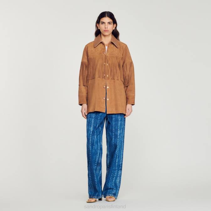 Sandro Paris naiset pitkä hapsuinen nahkatakki VLHP443 vaatteet kameli