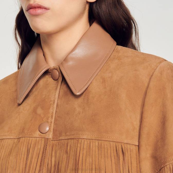 Sandro Paris naiset pitkä hapsuinen nahkatakki VLHP443 vaatteet kameli